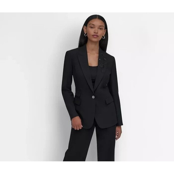 DKNY Women's Embellished Peak-Lapel One-Button Jacket Blazer Modern Chic Black 8 - Picture 1 of 13